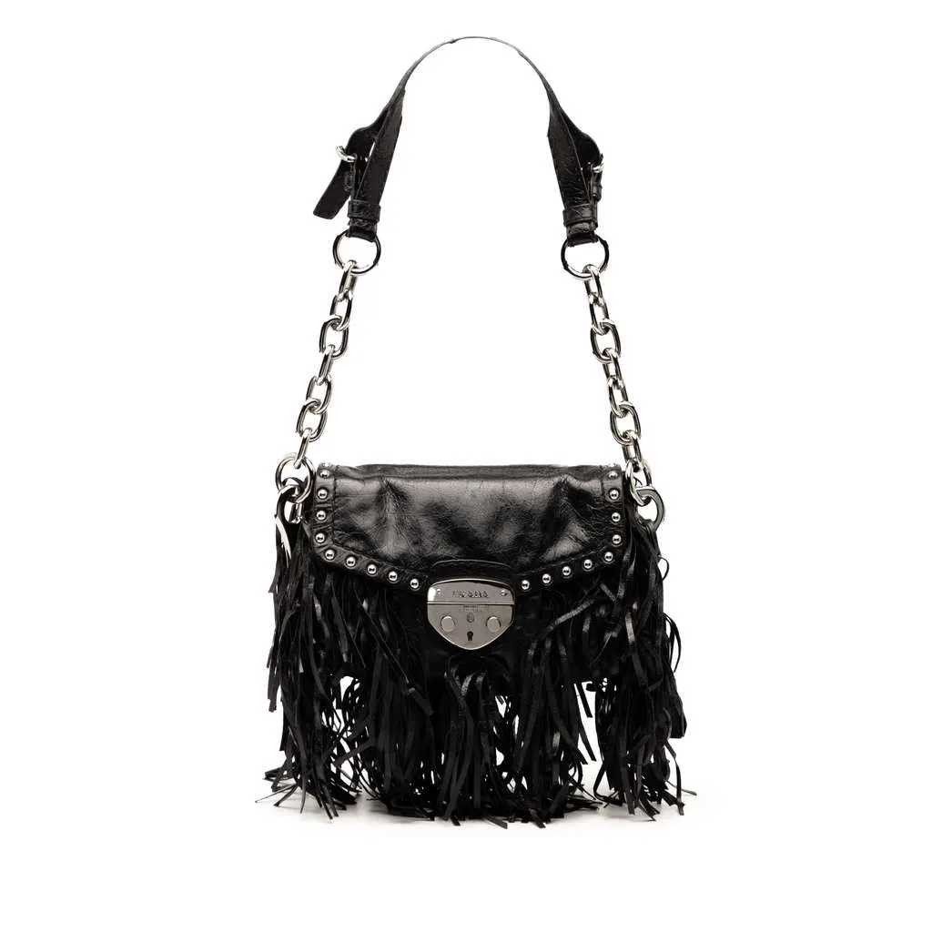 Prada Vitello Shine Fringe Studded Flap Hobo Black Leather Good - Front View
