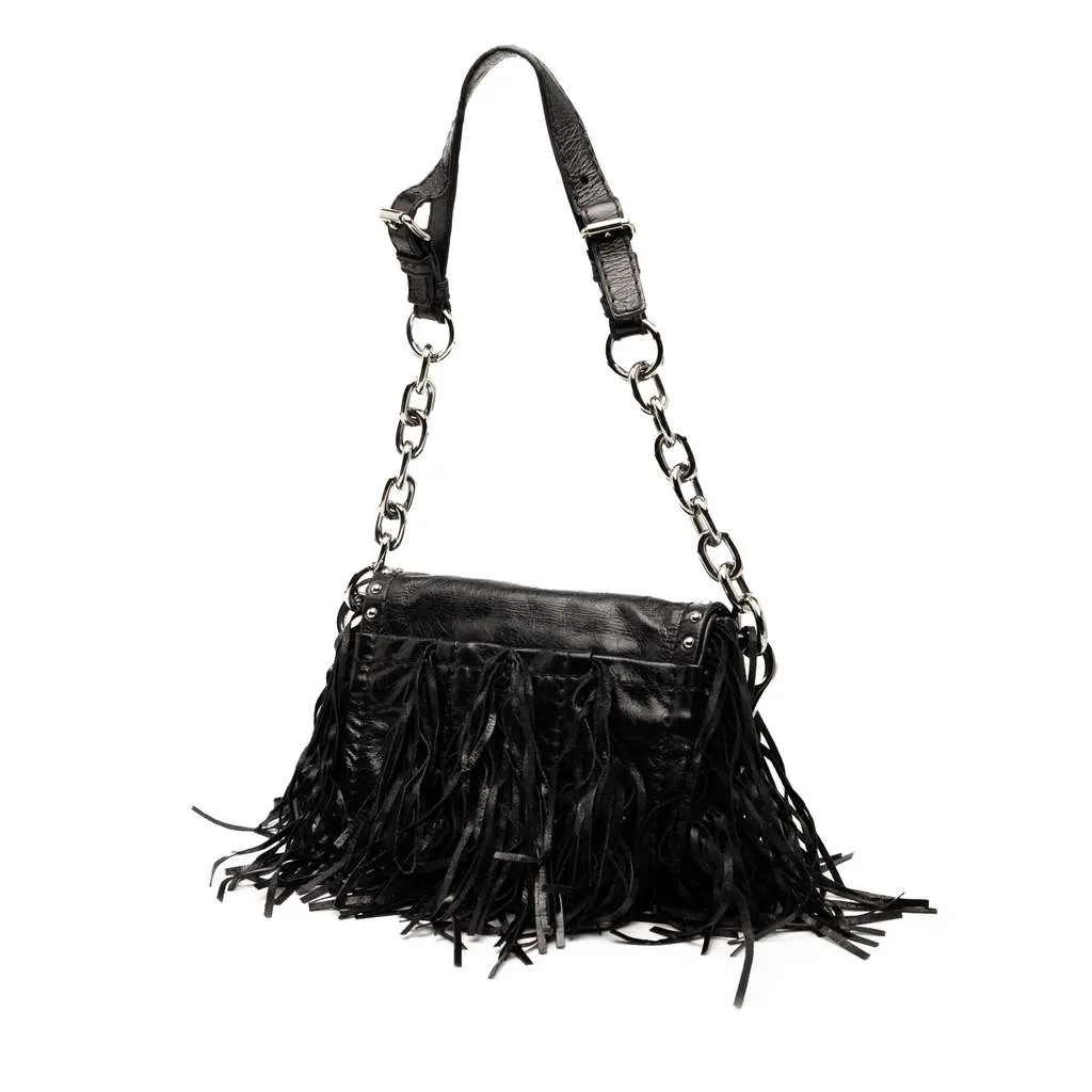 Prada Vitello Shine Fringe Studded Flap Hobo Black Leather Good - Back View