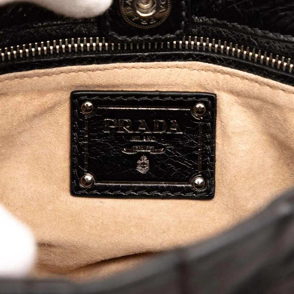 Prada Vitello Shine Fringe Studded Flap Hobo Black Leather Good - Box View