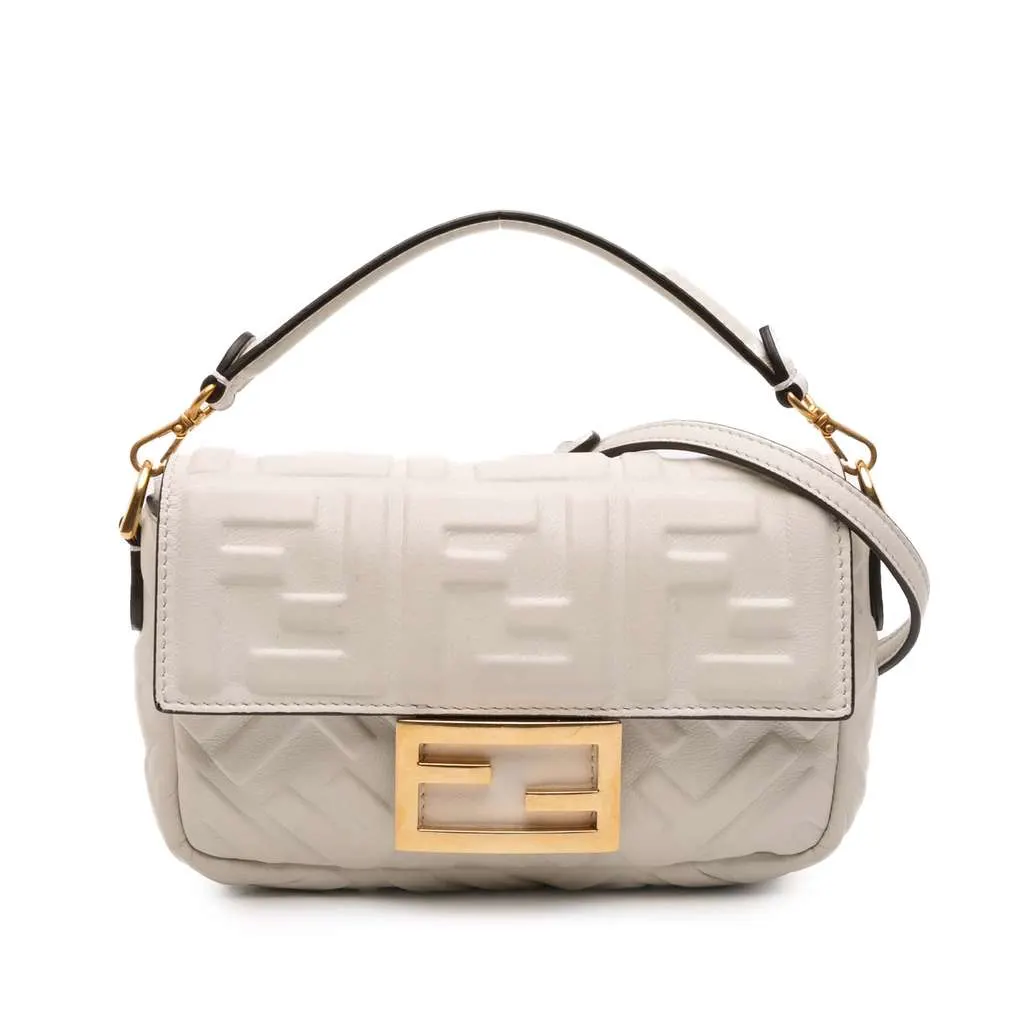 Fendi Mini Zucca Embossed Leather Baguette Satchel White Leather Very good - Front View