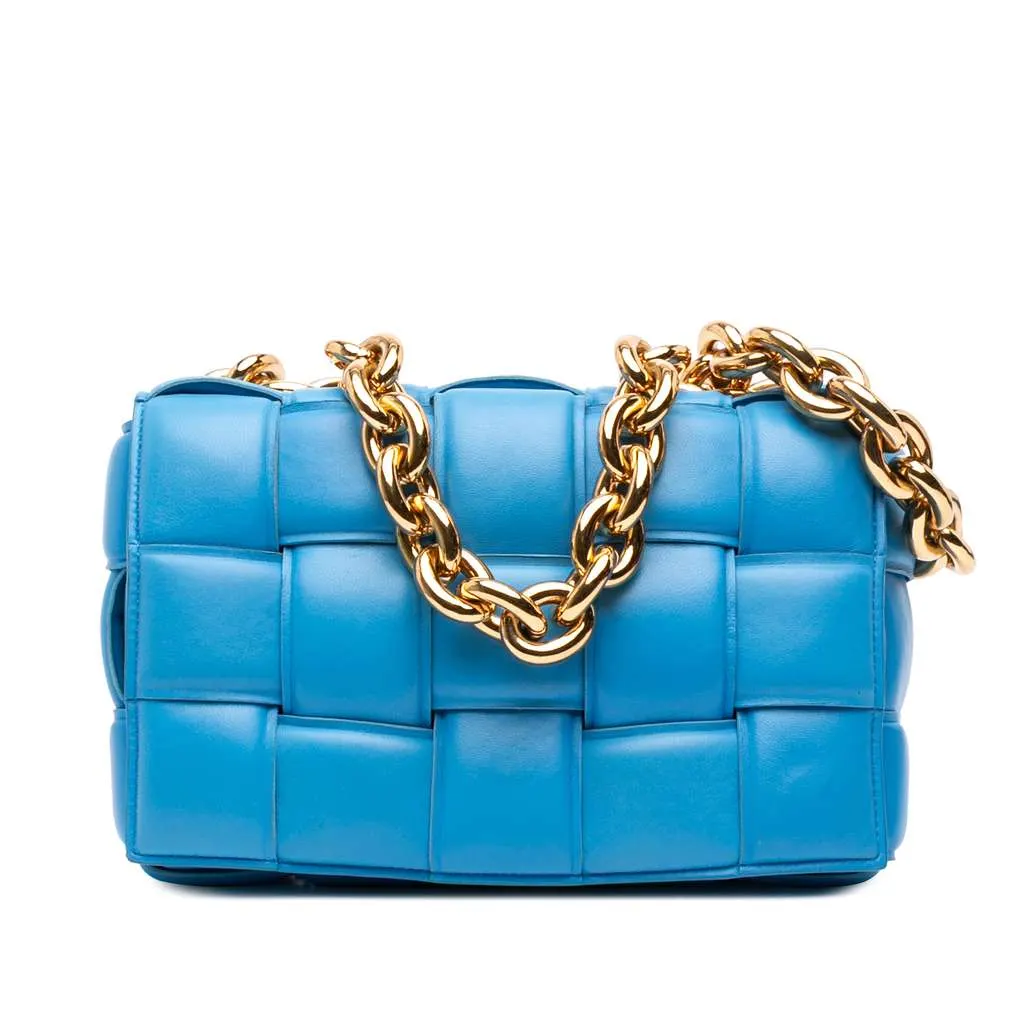 Bottega Veneta Nappa Intrecciato Padded Chain Cassette Satchel Blue Leather Good - Front View