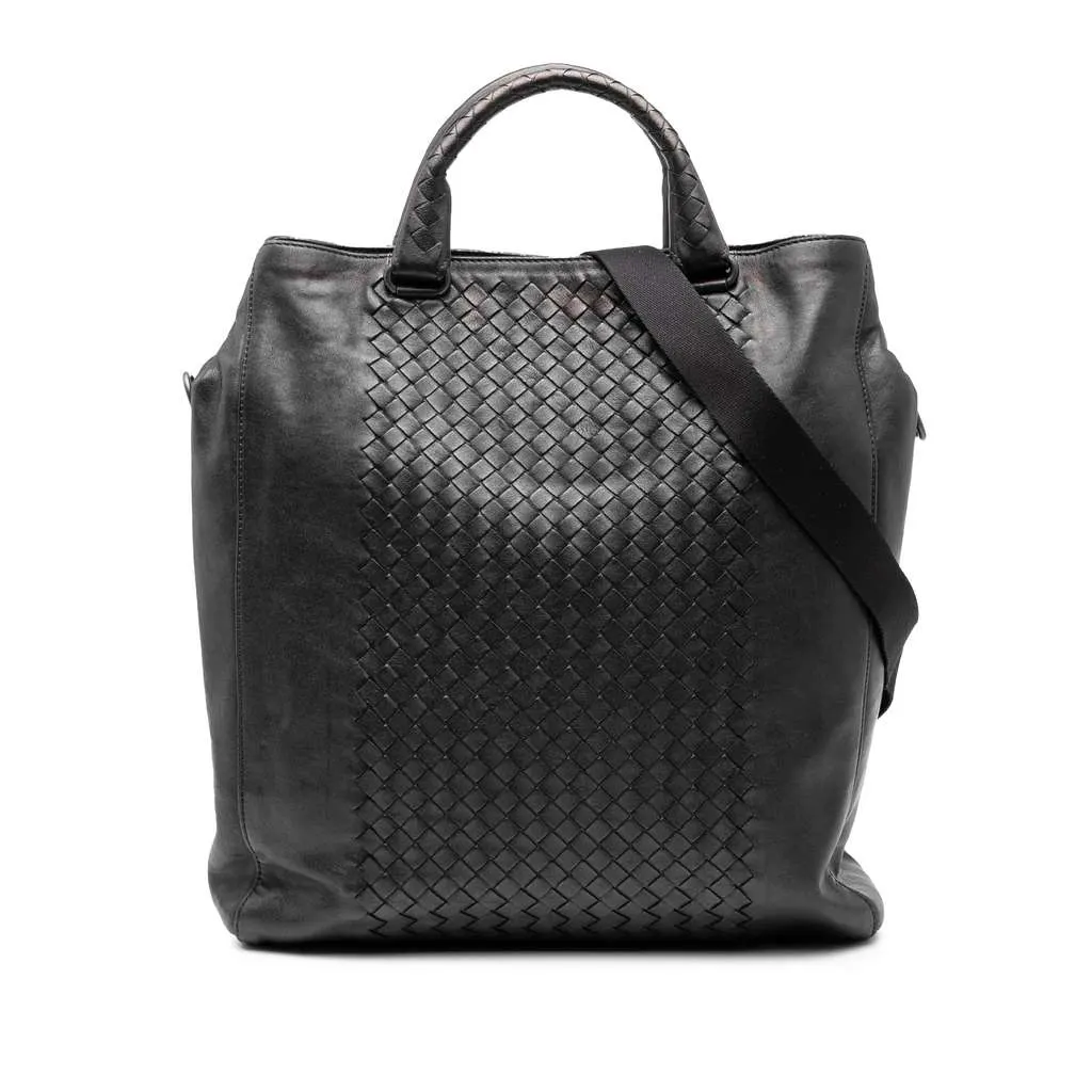 Bottega Veneta Nappa Intrecciato Vertical Convertible Satchel Black Leather Good - Front View