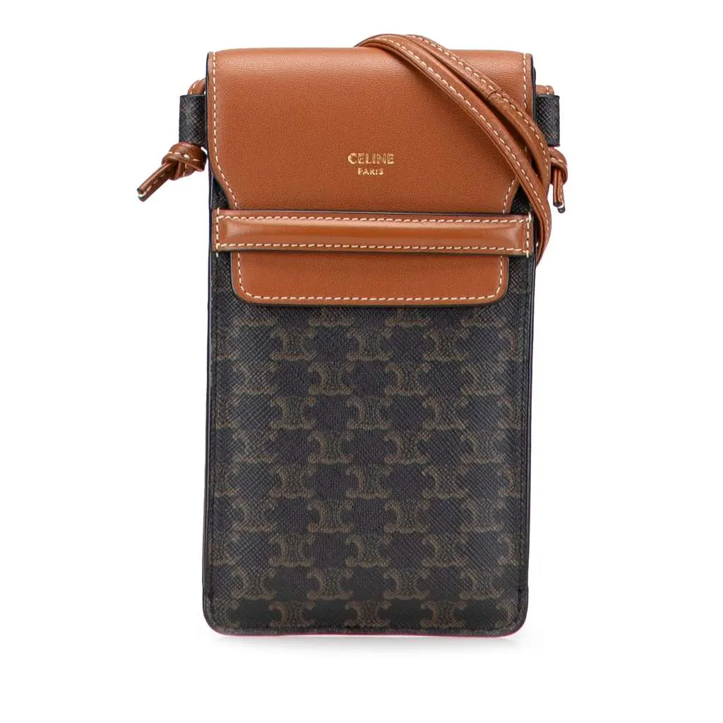 Celine Triomphe Coated Canvas Phone Pouch Flap Crossbody Brown Canvas Good - Front View