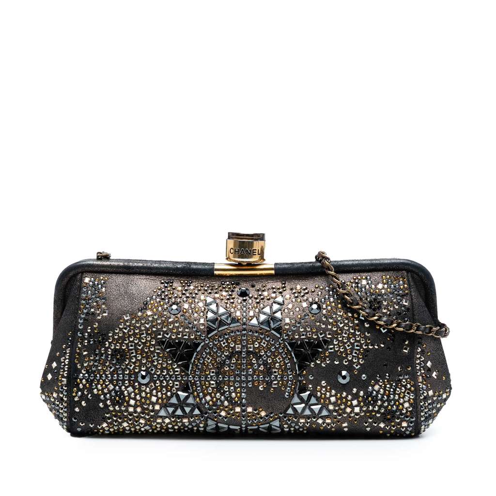 Chanel CC Glitter Lambskin Studded Frame Clutch on Chain