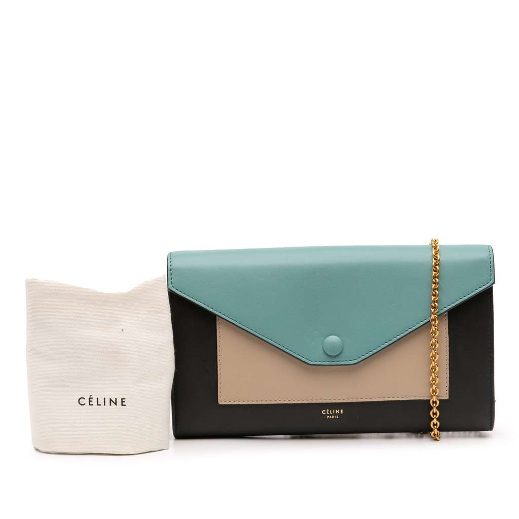 Celine Tricolor Leather Pocket Envelope Wallet On Chain - Image 11