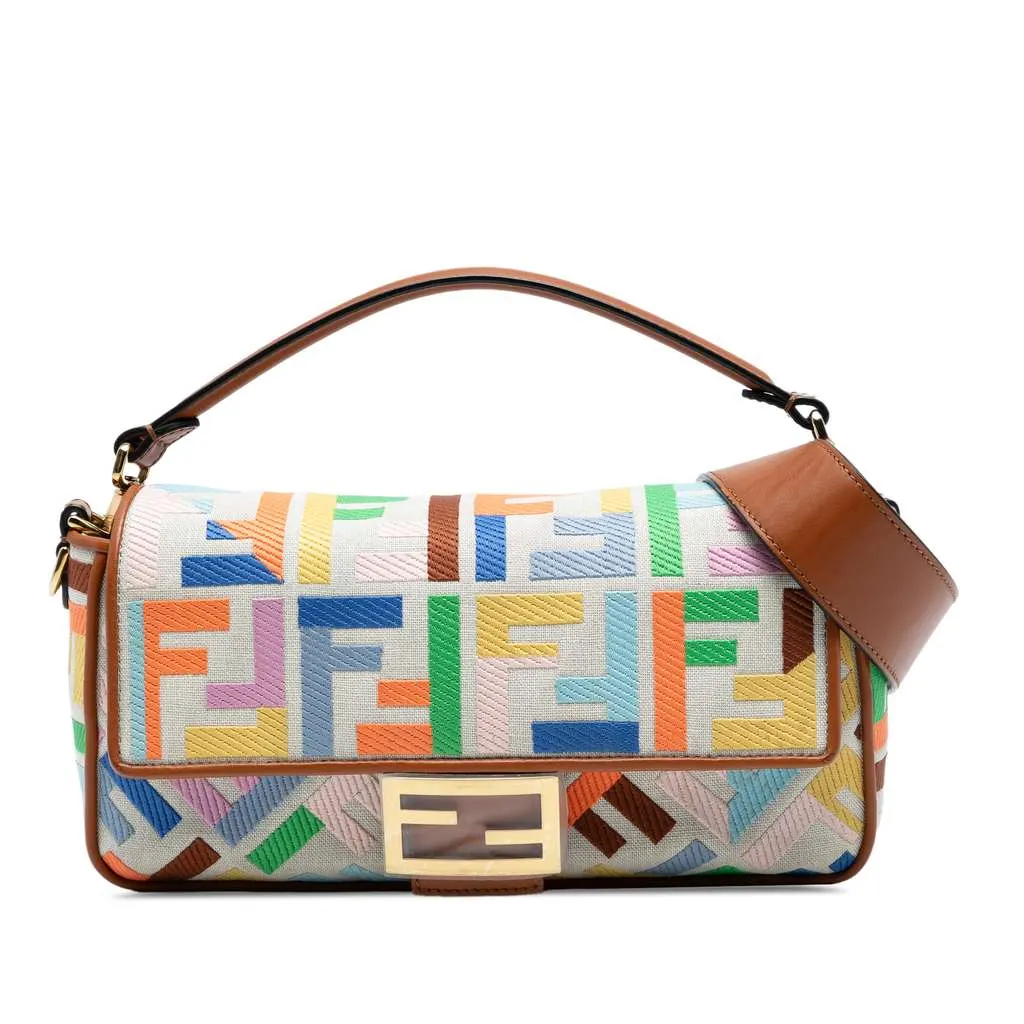 Fendi Zucca Embroidered Canvas Baguette Satchel Brown Canvas Good - Front View