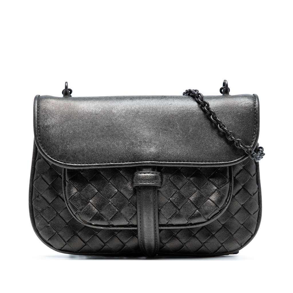 Bottega Veneta Mini Metallic Nappa Intrecciato Chain Flap Crossbody