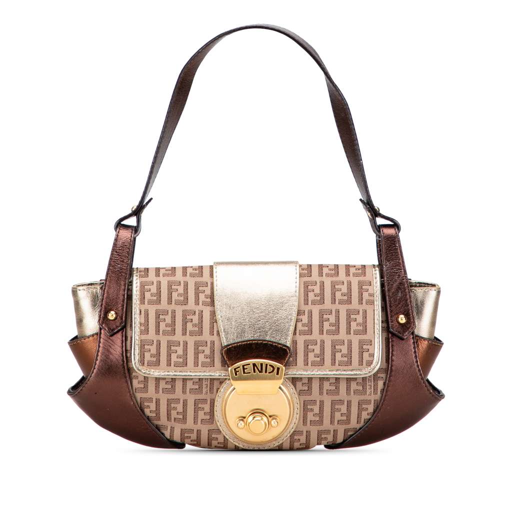 Fendi Zucchino Canvas and Metallic Leather Compilation Shoulder Bag