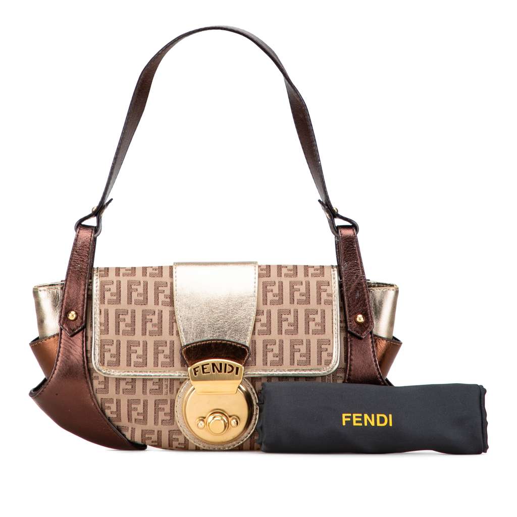 Fendi Zucchino Canvas and Metallic Leather Compilation Shoulder Bag - Image 13