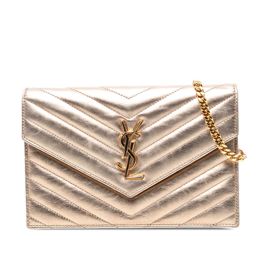 Saint Laurent Chevron Leather Monogram Envelope Chain Wallet