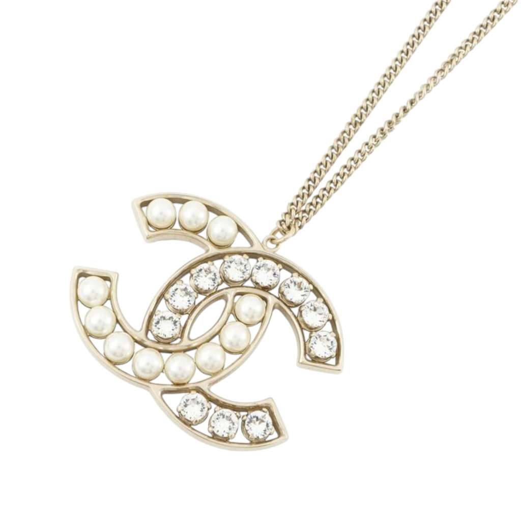 Chanel Gold Plated Faux Pearls and Crystals CC Pendant Necklace