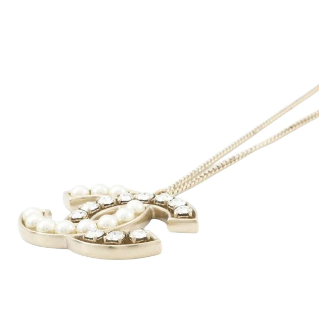 Chanel Gold Plated Faux Pearls and Crystals CC Pendant Necklace - Side view
