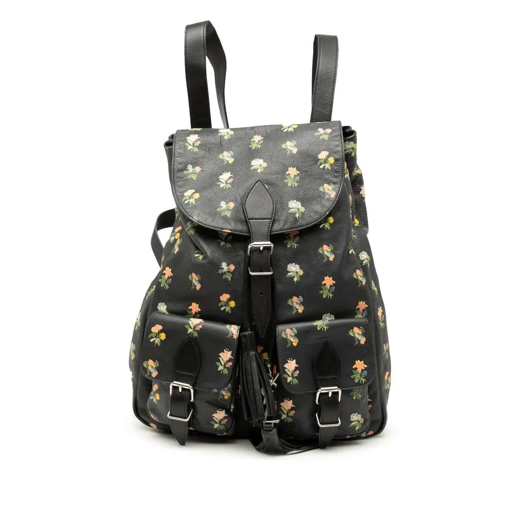 Saint Laurent Leather Prairie Floral Printed Festival Backpack Black Leather Very good - Front View