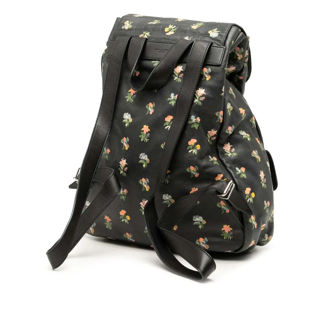 Saint Laurent Leather Prairie Floral Printed Festival Backpack Black Leather Very good - Back View