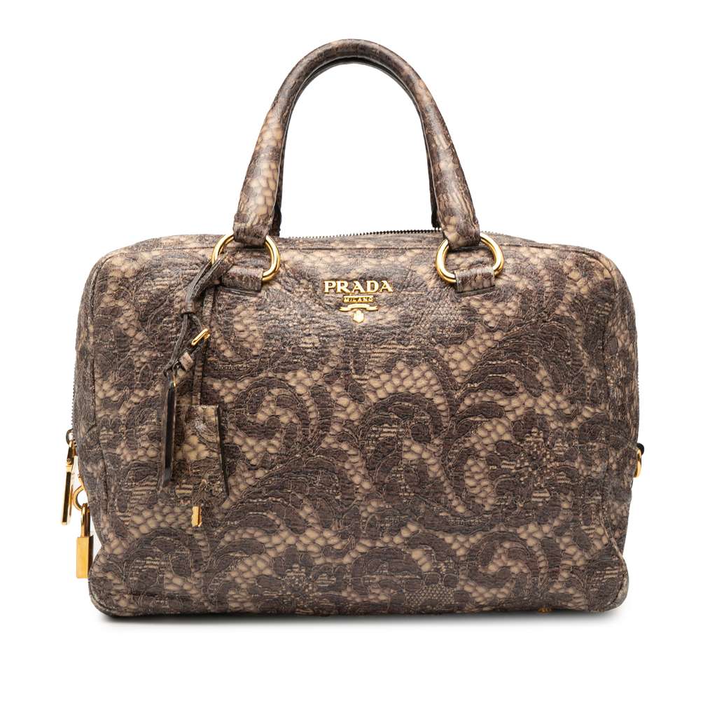 Prada Cervo Lux Lace Print Bauletto Handbag