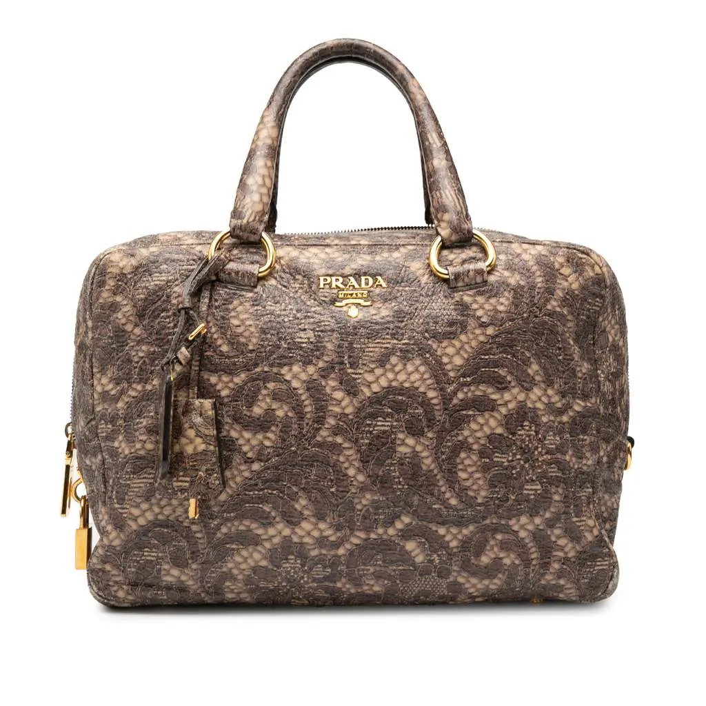 Prada Cervo Lux Lace Print Bauletto Handbag Brown Leather Good - Front View