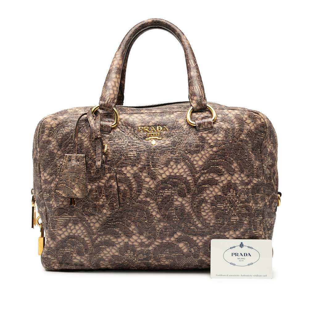 Prada Cervo Lux Lace Print Bauletto Handbag - Image 13