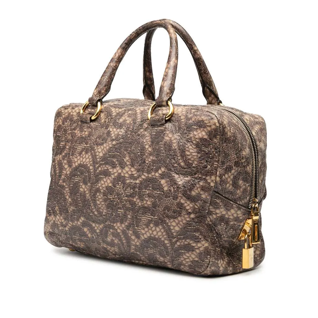Prada Cervo Lux Lace Print Bauletto Handbag Brown Leather Good - Back View