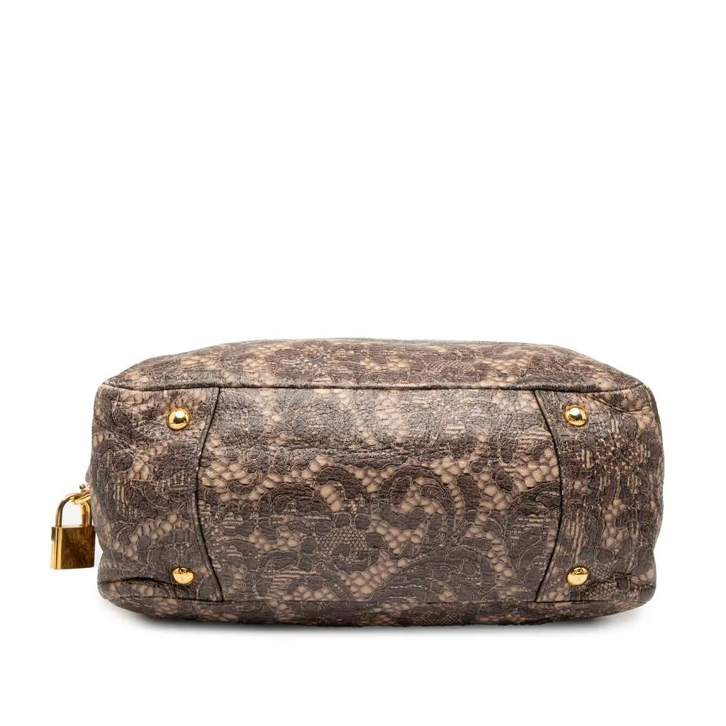 Prada Cervo Lux Lace Print Bauletto Handbag Brown Leather Good - Inside View