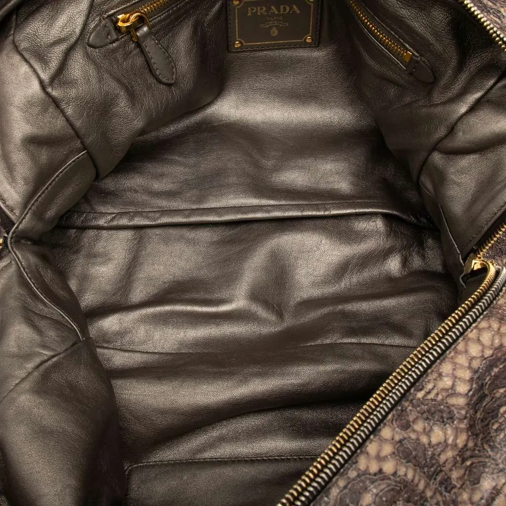 Prada Cervo Lux Lace Print Bauletto Handbag Brown Leather Good - Model View