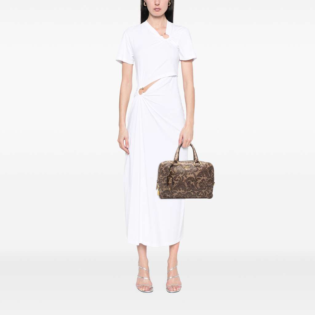 Prada Cervo Lux Lace Print Bauletto Handbag - Image 12