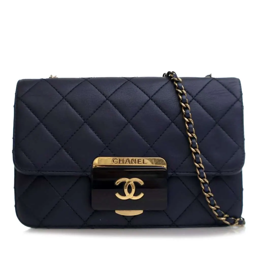 Chanel Mini Lambskin Beauty Lock Flap Blue Leather Good - Front View