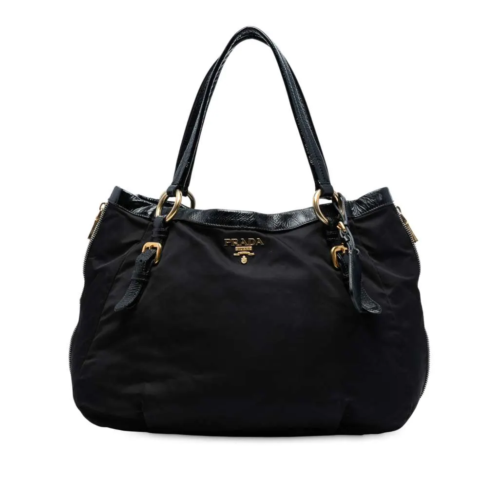 Prada Naplak Trimmed Tessuto Side Zip Tote Black Good - Front View