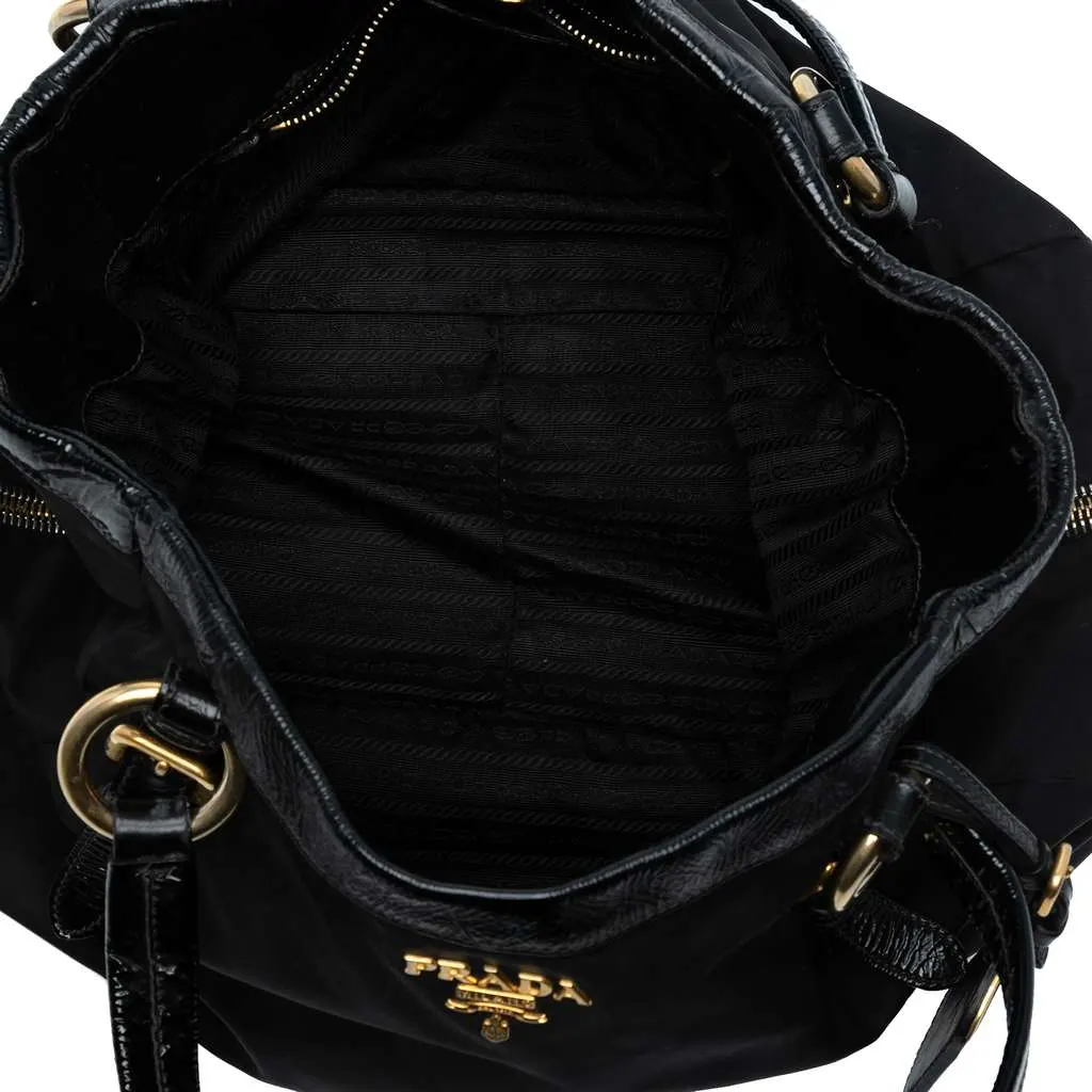 Prada Naplak Trimmed Tessuto Side Zip Tote Black Good - Model View