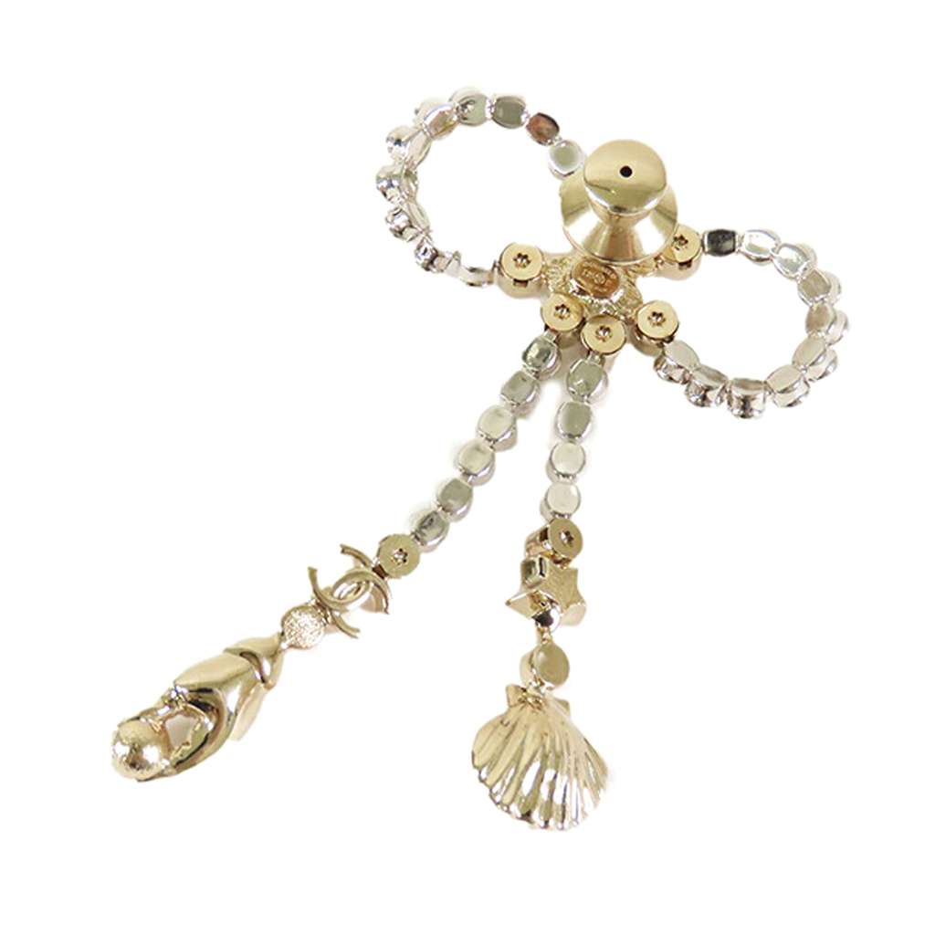 Chanel Gold Plated Rhinestone Embellished Ribbon Marine Brooch - Back view