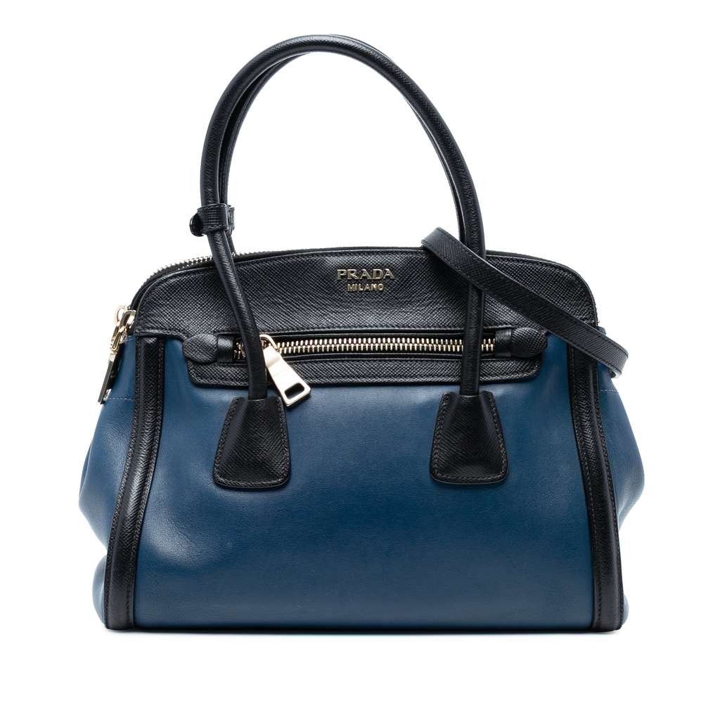 Prada Bicolor Saffiano Trimmed City Calf Double Zip Satchel