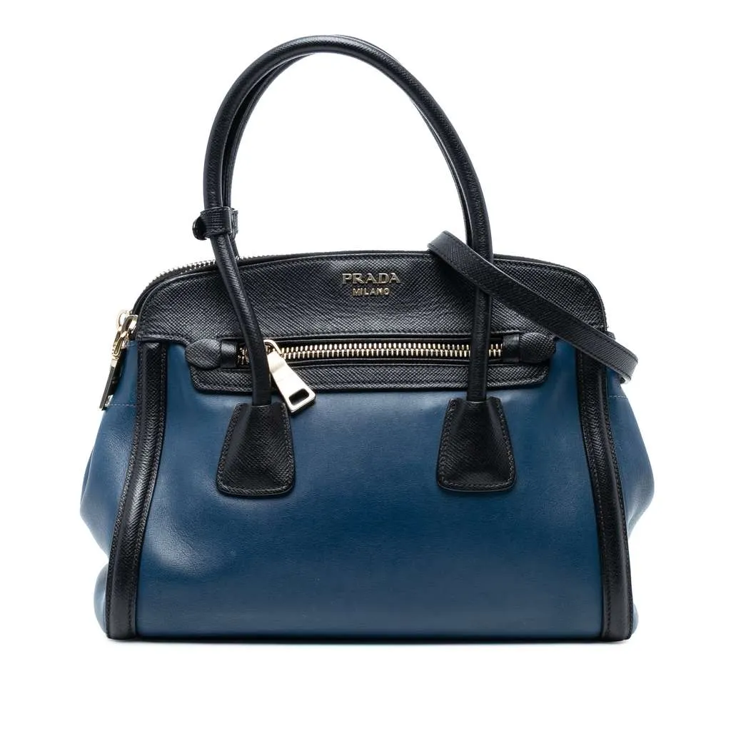 Prada Bicolor Saffiano Trimmed City Calf Double Zip Satchel Blue Leather Good - Front View