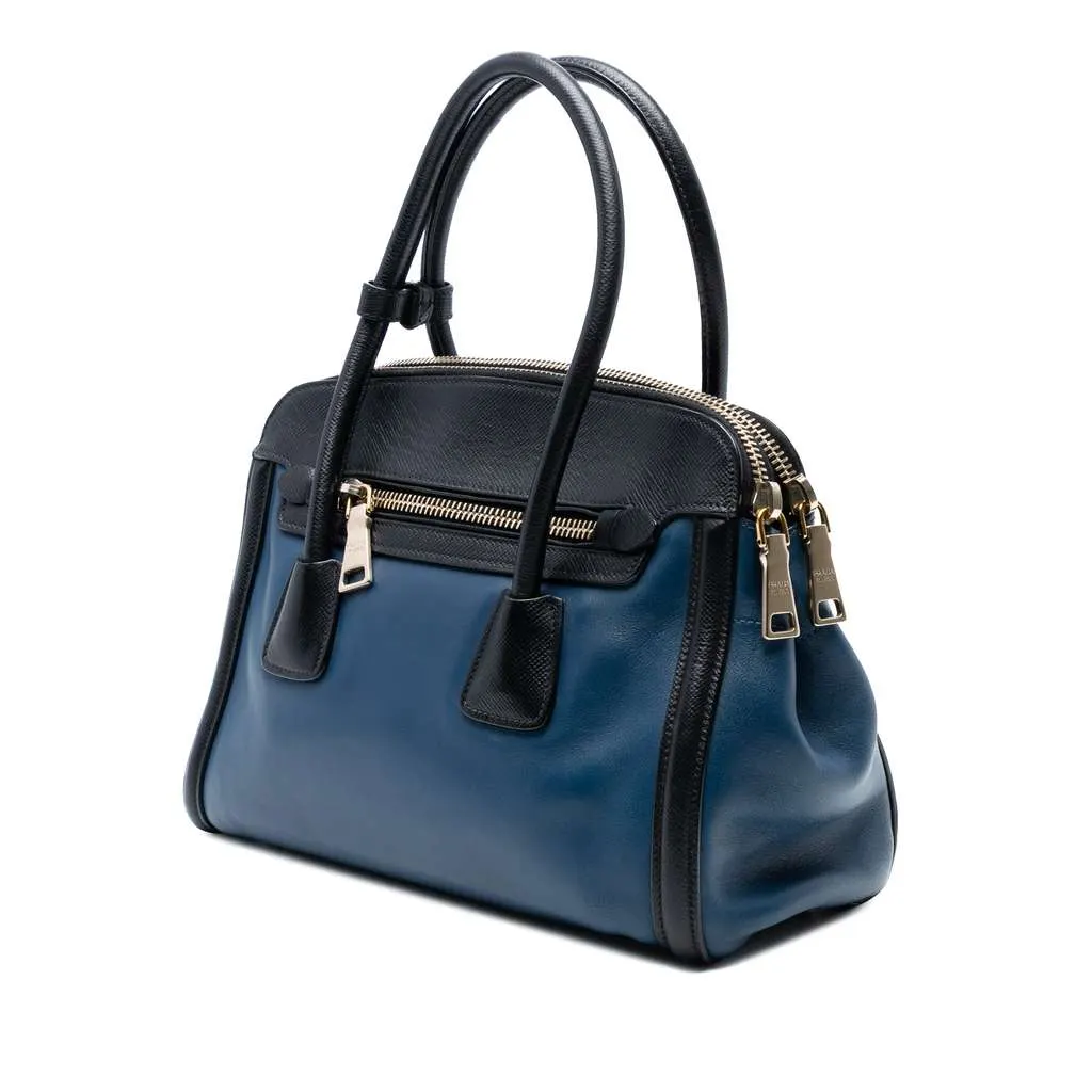 Prada Bicolor Saffiano Trimmed City Calf Double Zip Satchel Blue Leather Good - Back View