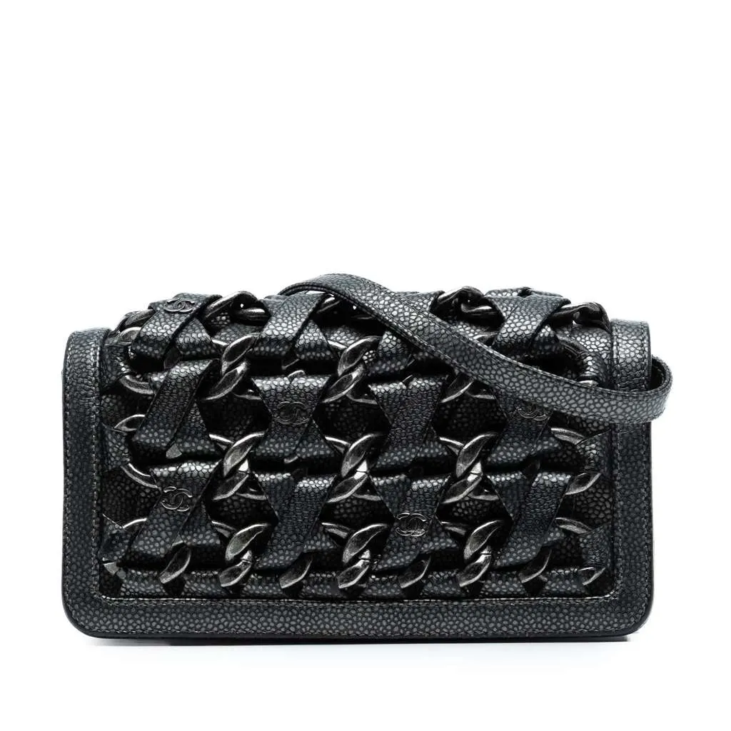 Chanel CC Metallic Caviar Interlaced Chain Clutch on Strap Black Leather Very good - Front View