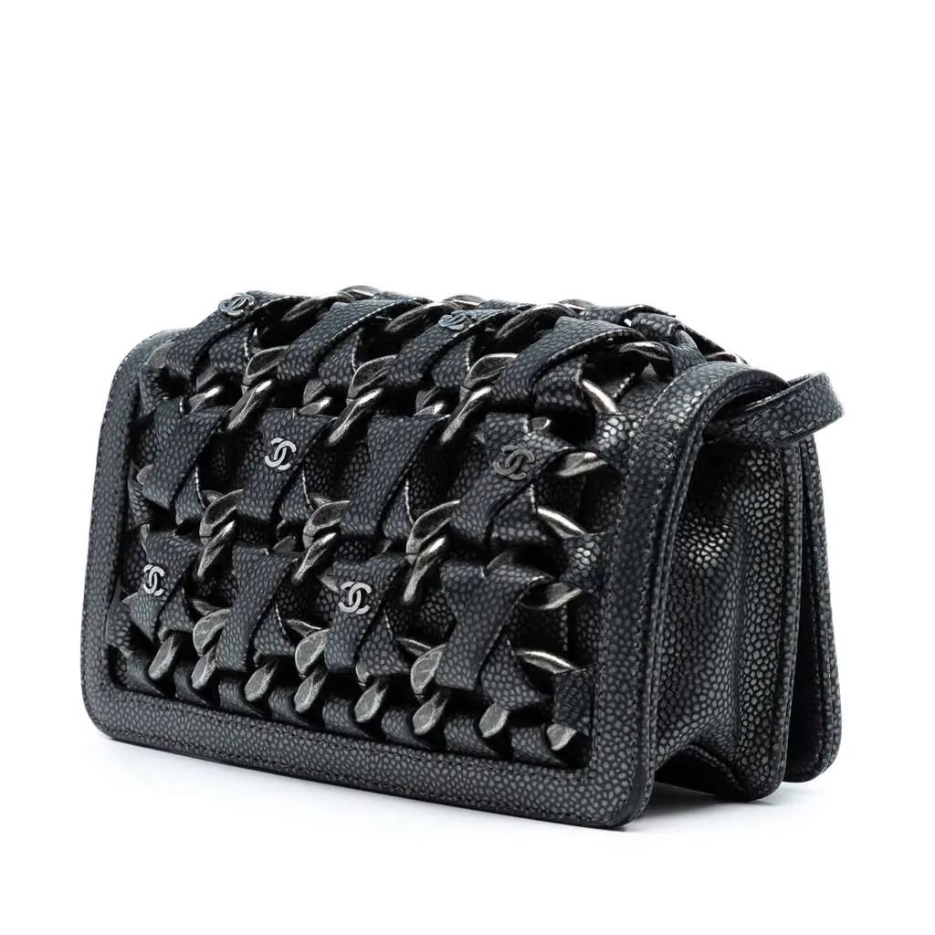 Chanel CC Metallic Caviar Interlaced Chain Clutch on Strap Black Leather Very good - Back View
