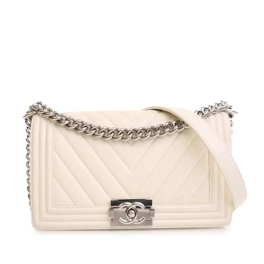 Chanel Old Medium Chevron Lambskin Boy Flap White Leather Good - Front View