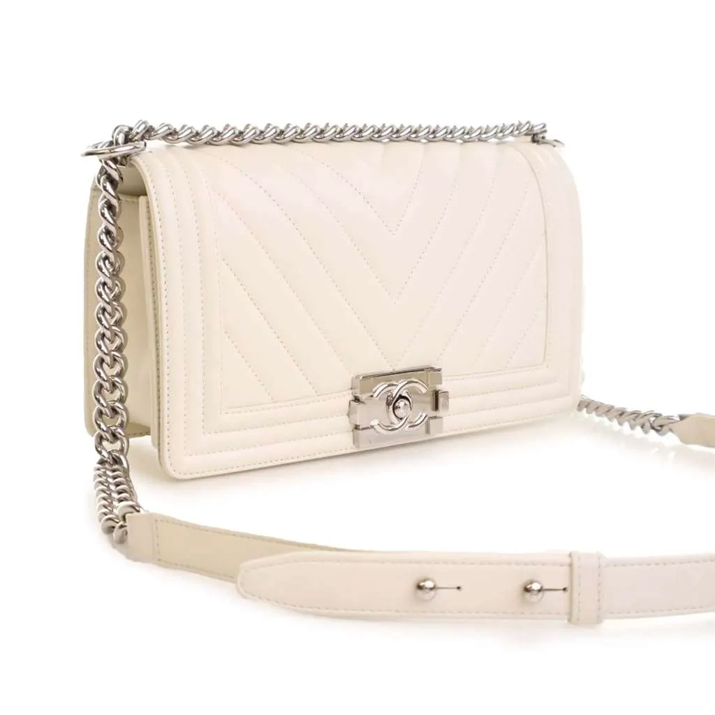 Chanel Old Medium Chevron Lambskin Boy Flap White Leather Good - Back View