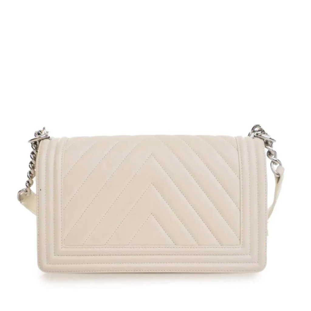 Chanel Old Medium Chevron Lambskin Boy Flap White Leather Good - Model View