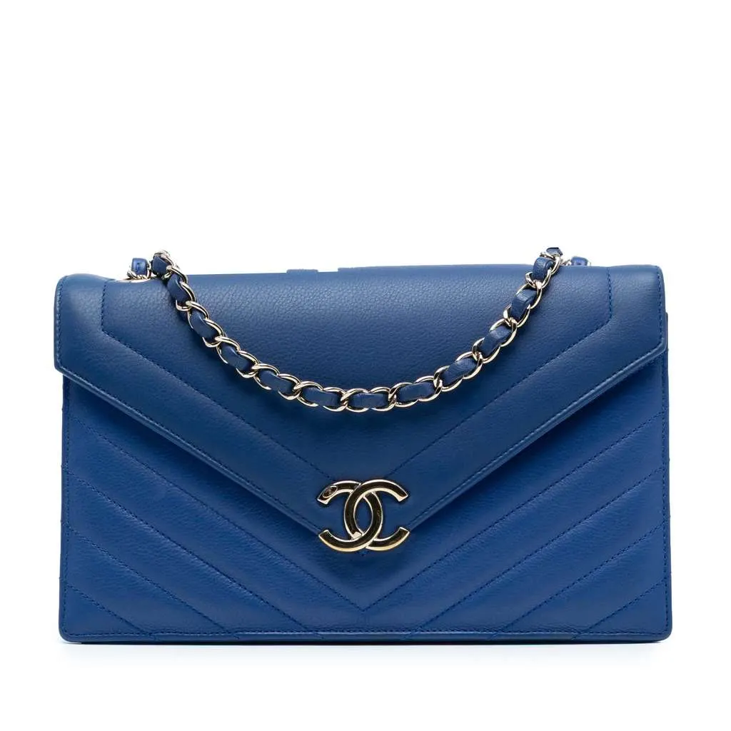 Chanel Medium CC Chevron Calfskin Envelope Flap Blue Leather Good - Front View