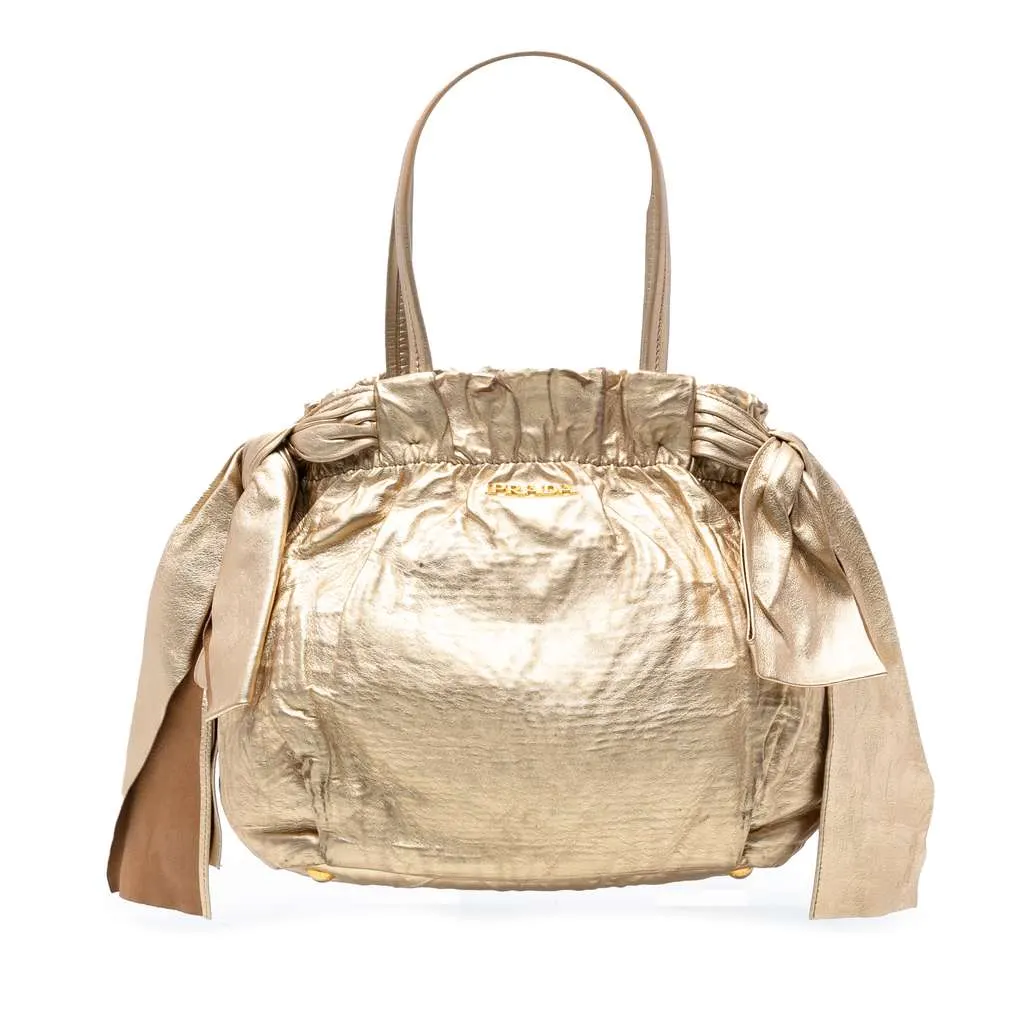 Prada Metallic Nappa Antique Bow Satchel Gold Leather Very good - Front View