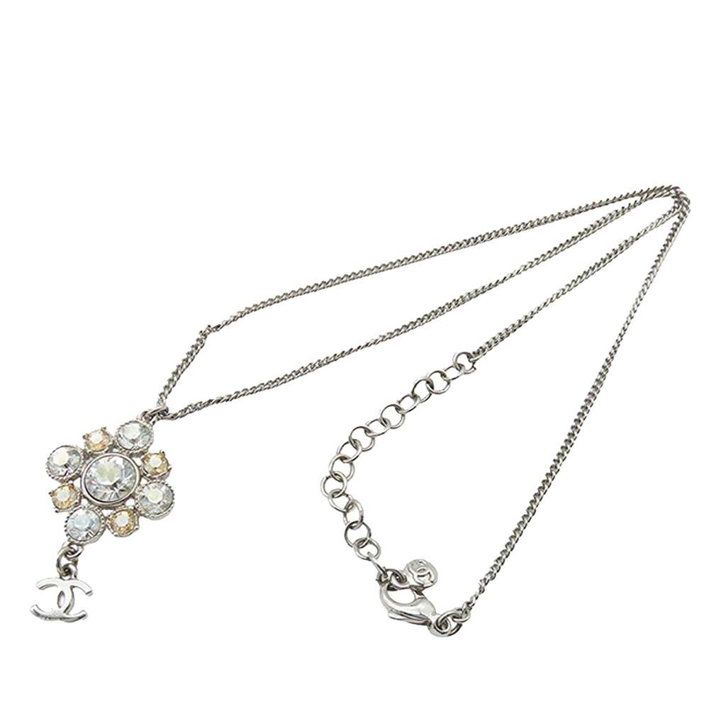 Chanel CC Silver Plated Crystal Cluster Pendant Necklace