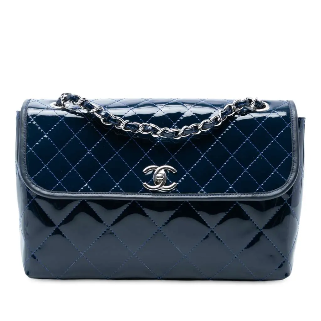 Chanel Quilted Patent In The Business Flap Blue Leather Very good - Front View