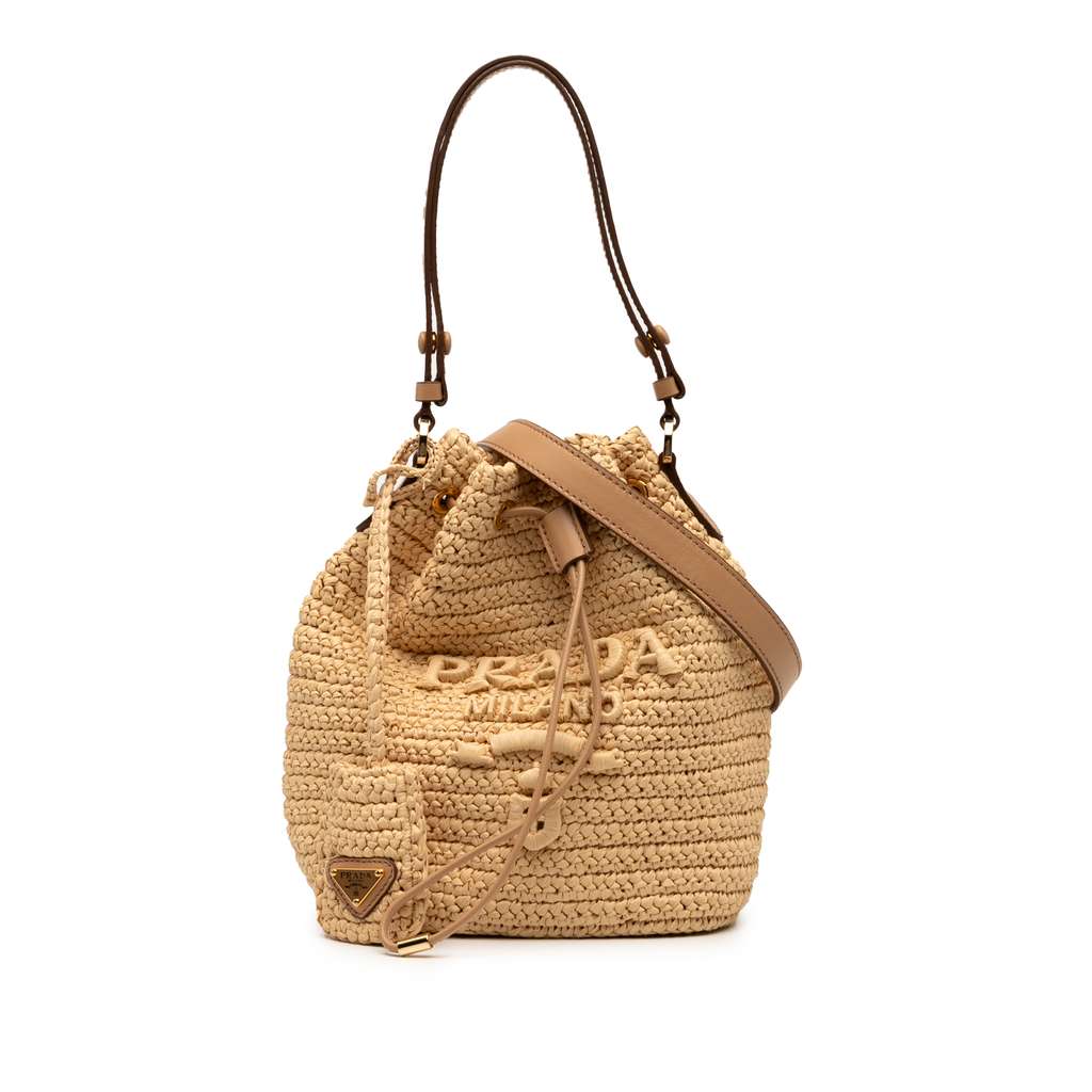 Prada Mini Raffia Crochet Logo Embroidered Bucket Bag