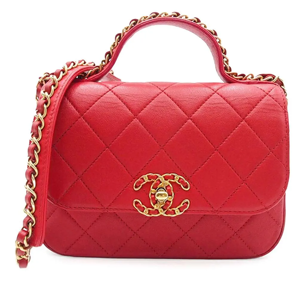 Chanel Quilted Lambskin Chain Infinity Top Handle Bag Red Leather Good - Front View