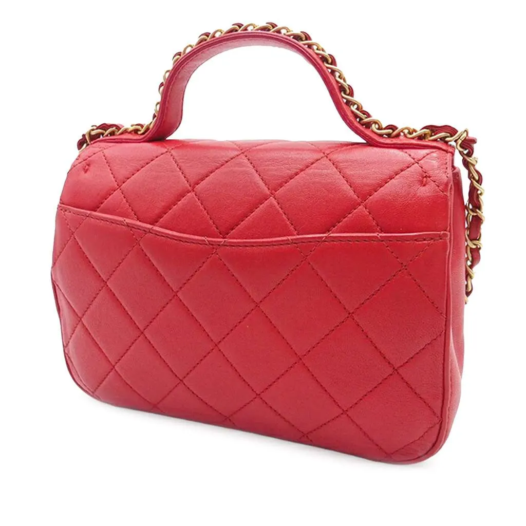 Chanel Quilted Lambskin Chain Infinity Top Handle Bag Red Leather Good - Back View