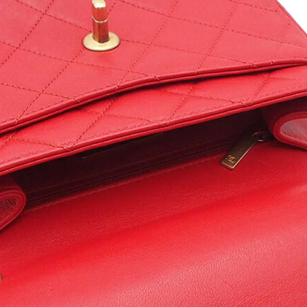 Chanel Quilted Lambskin Chain Infinity Top Handle Bag Red Leather Good - Model View