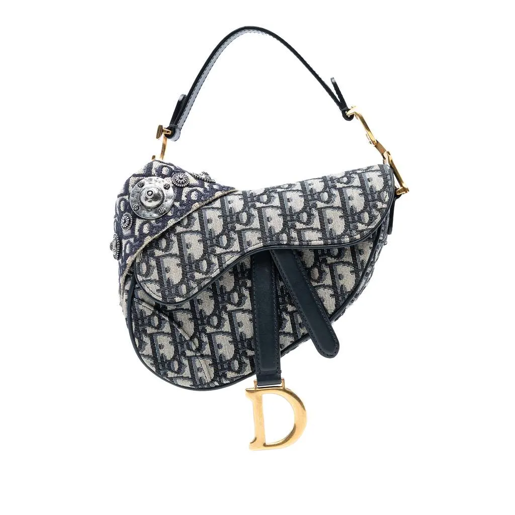 Dior Mini Oblique Canvas Saddle Bag Blue Canvas Good - Front View
