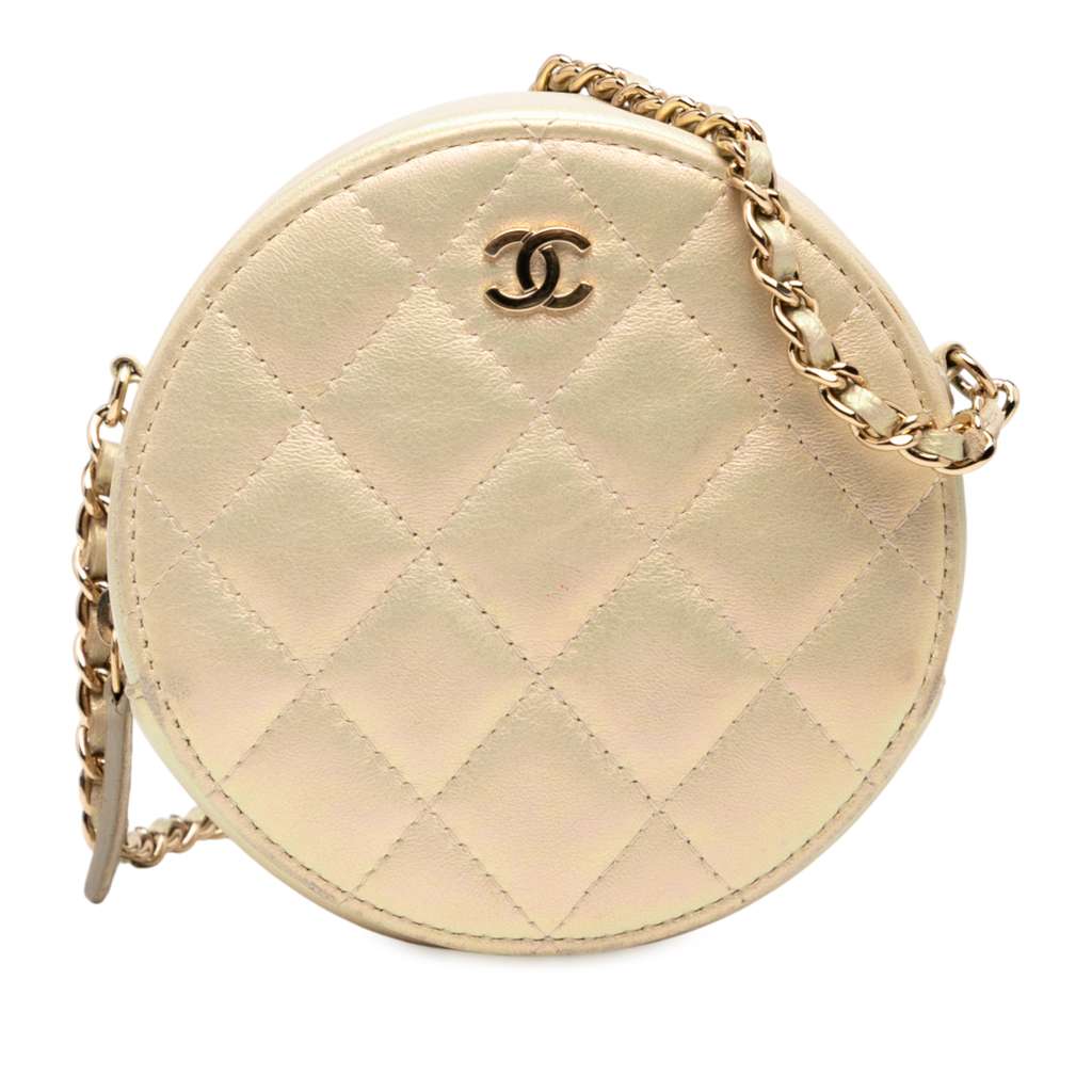 Chanel Quilted Iridescent Lambskin Round Clutch With Chain