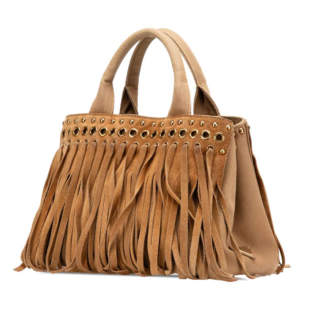 Prada Canvas and Suede Fringed Canapa Handbag - 2