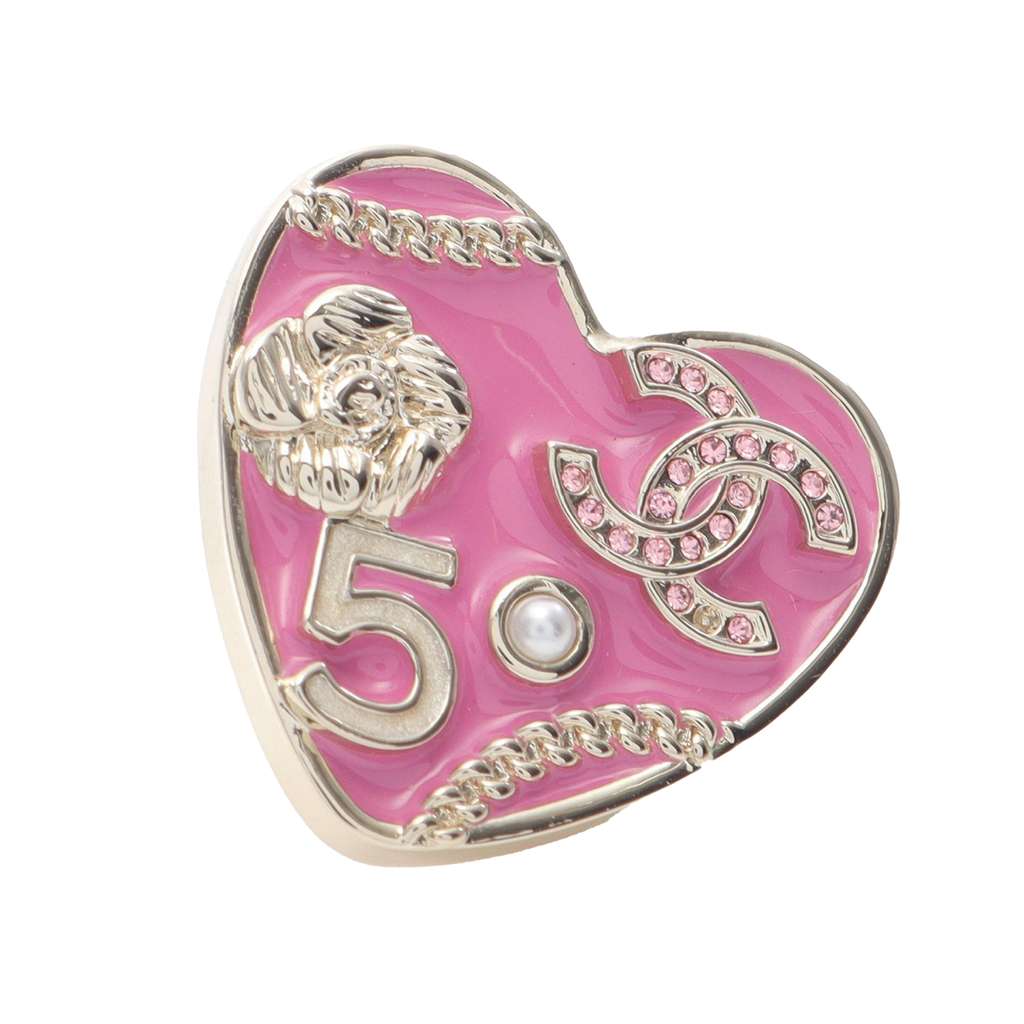 Chanel Gold Plated Lacquered Pearl CC Camellia No 5 Heart Charm Brooch - 2