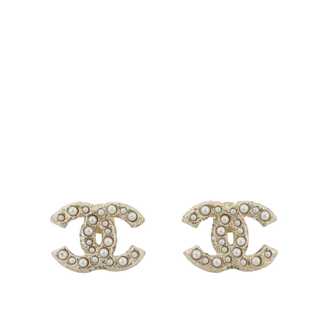 Chanel Gold Plated Faux Pearl CC Push Back Earrings